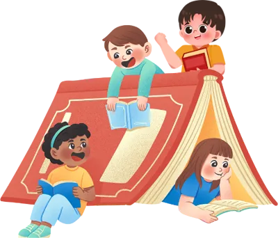 Children reading under a giant book